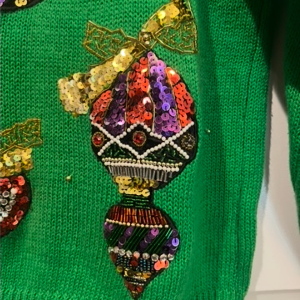 Vintage bright Green colorful Sequin Ornament fancy ugly sweater. So pretty! - Picture 4 of 8